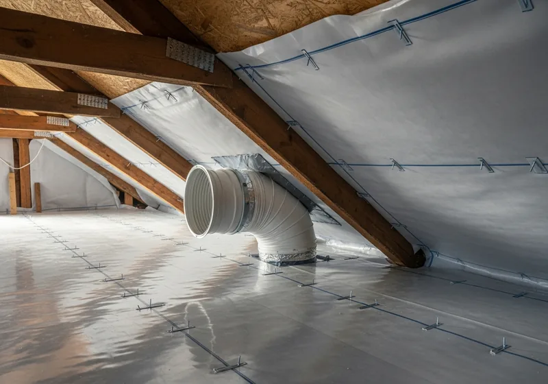 Pose d'une membrane pare-vapeur et d'une bouche de VMC sous les combles d'une maison à Nantes
